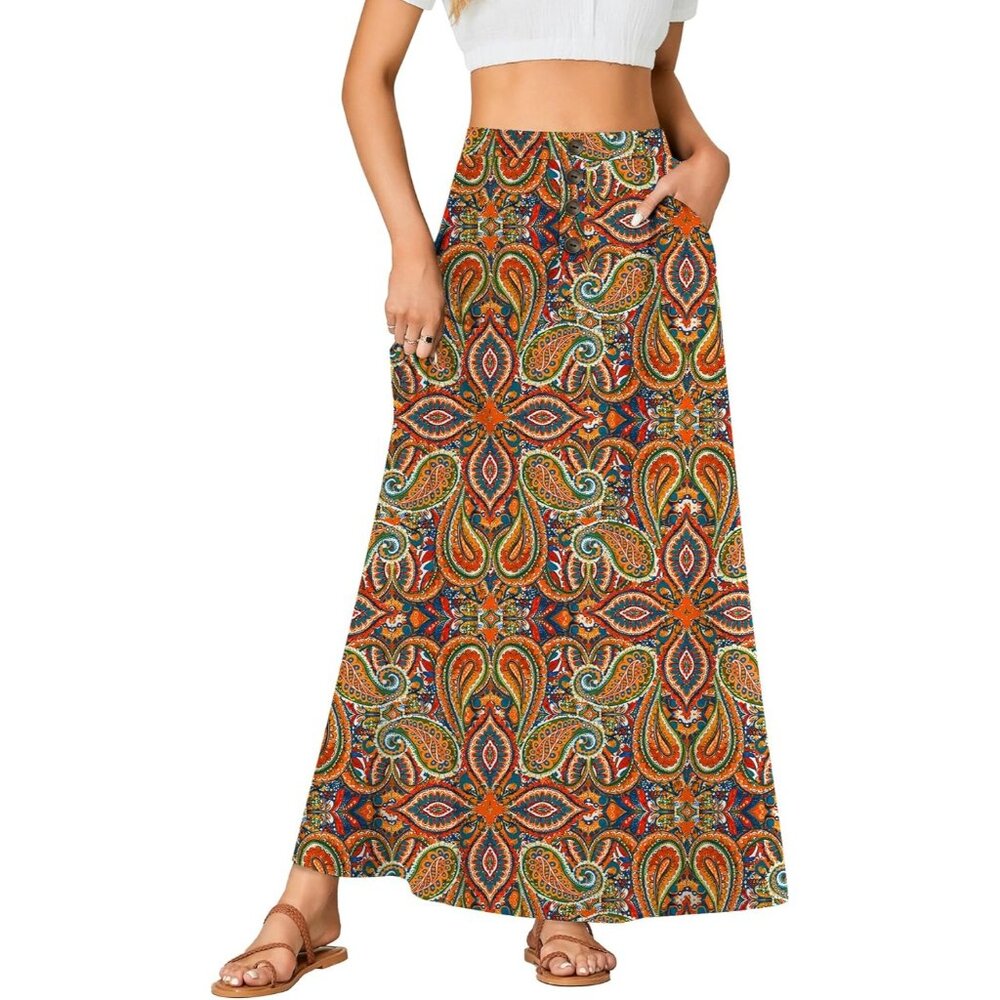 Women's Multicolor Orange High Waist Button Front A-Line Long Cozy Maxi Skirts - Picture 3 of 4